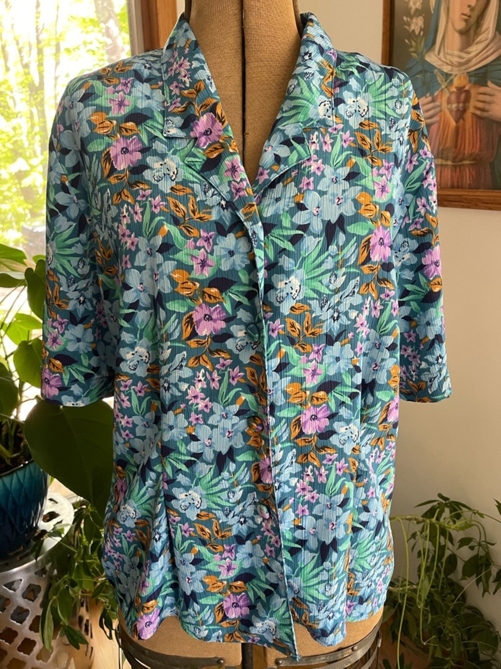 Tropical Floral Button-Up Shirt — Aqua & Teal Floral Print Vintage 90s 80s